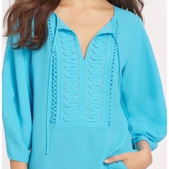 DIANE VON FURSTENBERG Women's 8 Blue Iliana Embellished Long Sleeve Peasant Top - Picture 2 of 11